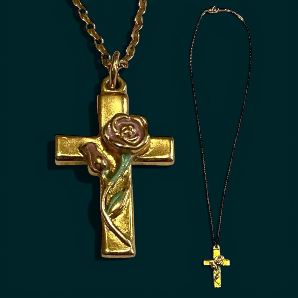 Avon Signed Gold Toned Rose on a Cross Necklace